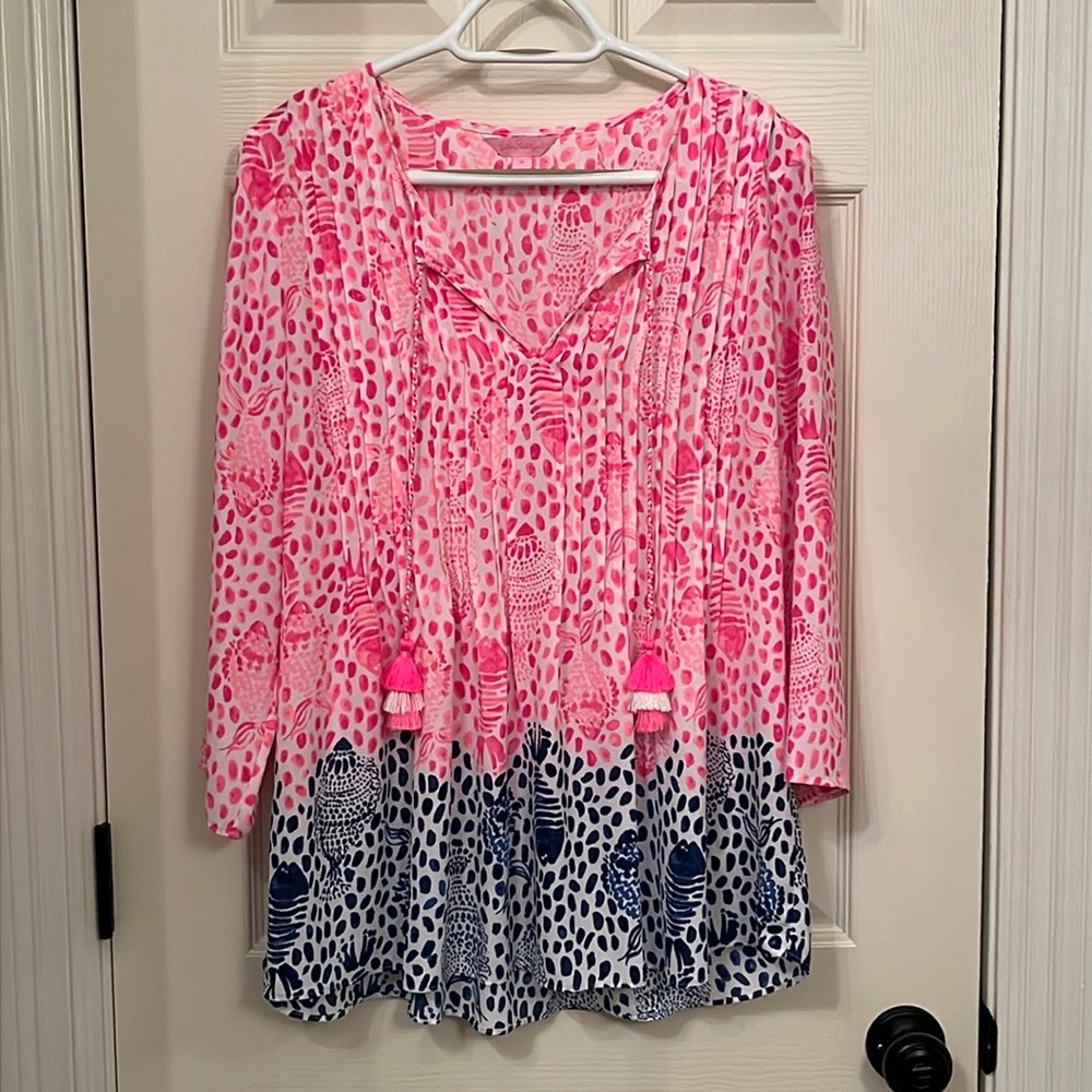Lilly Pulitzer Women's Pink Blue Print Marilina Tunic Top Sz Medium Vacation‎
